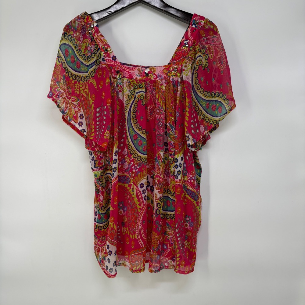 Taillissime La Redoute Pink Paisley Boho Blouse Set 18W Square Neck Flutter Top